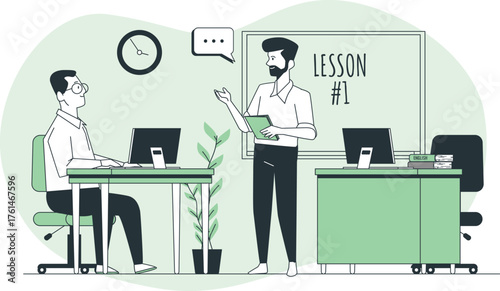 Two men in a classroom setting with a whiteboard and computers for an English lesson Keywords: education, learning, classroom, lesson, English, teacher, student, whiteboard, blackboard, computer
