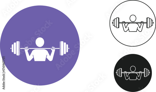 Three icons showing a person lifting weights in different styles and colors