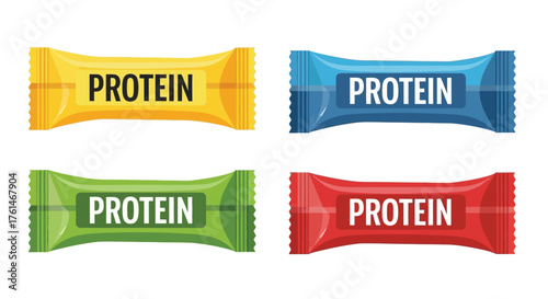 Colorful protein bar wrappers displaying the word protein in white lettering