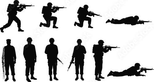 Silhouette of soldiers with rifles, military combat positions, army men standing and aiming, warfare illustration, tactical training vector art