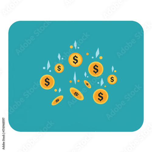 Golden dollar coins falling and spinning on a teal background