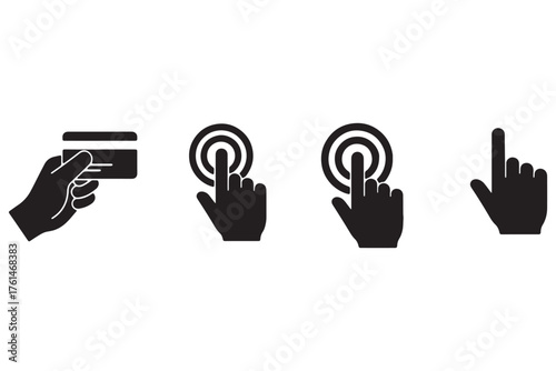 Various hand gestures interacting with digital interfaces, including credit card payment and touch screen interaction isolated on white background, showcasing modern technology vector illustration