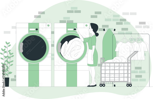 Woman in uniform operating washing machines in a laundry room with clothes and cart dryer cleaning
