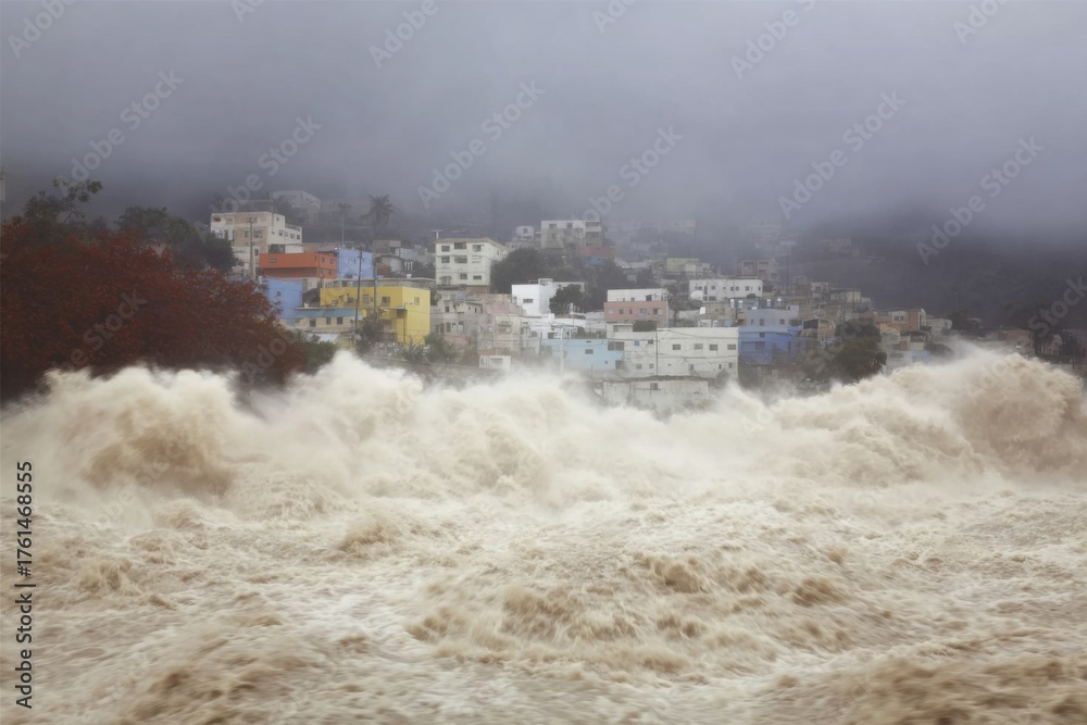 Fototapeta premium Professional Severe Flood Disaster Scene with Surging Water and Damaged Homes Authentic Emergency Response Content for Crisis Preparedness Marketing