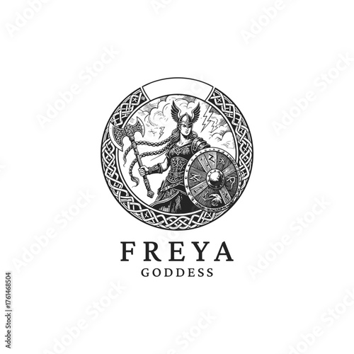 powerful vintage engraving logo featuring the Norse Goddess Freya (or Freyja), the deity of war, love, and fertility