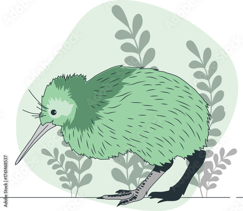 Green kiwi bird with long beak standing among stylized leaves flightless bird New Zealand