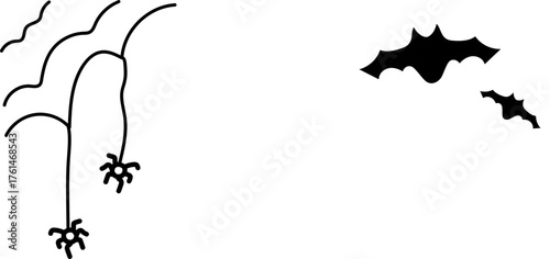Halloween Party Border Element. 
Minimalist Spider and bat in black. Horrifying illustrative image for Halloween.
Spider and bat web black.