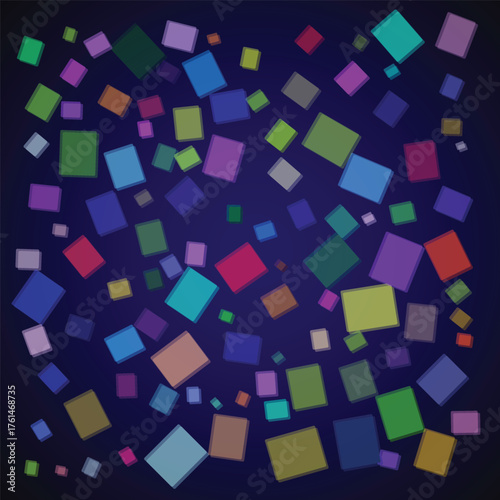 Multitude of colorful squares shapes  scattered across a deep blue abstract composition  background, resulting in a vibrant and visually engaging texture.