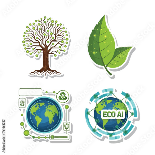 Four eco-friendly icons: a tech tree, green leaves, a world globe with eco elements, and a globe with "Eco AI" text.