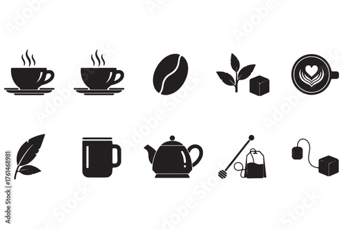 Collection of coffee and tea related icons, including cups, beans, leaves, and teapots isolated on white background vector illustration