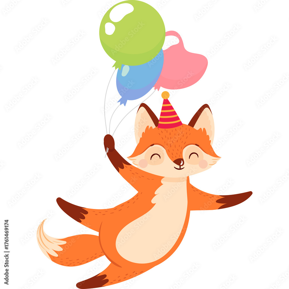 Fototapeta premium Joyful fox wearing a party hat floats in the air holding a bunch of green blue and pink balloons with a transparent background celebrating a birthday party