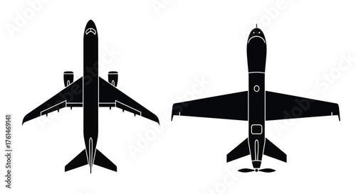 Two black silhouette airplanes shown from a top down perspective