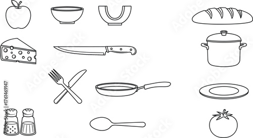 Kitchenware and food outline vector illustration design art