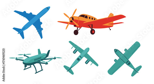 Illustration of various aircraft including planes drone and fighter jets