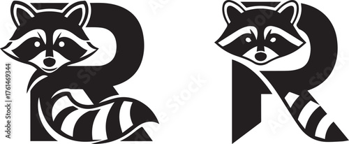 Stylized Raccoon Letter R Monogram Logo Black White