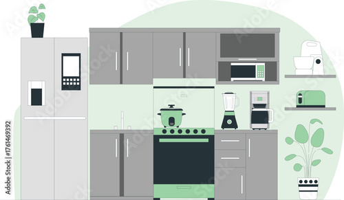 Modern kitchen interior with refrigerator, cabinets, stove, and appliances home house