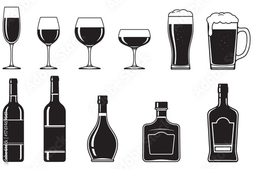 Collection of various alcoholic beverages in glasses and bottles, including wine, beer, and liquor isolated on white background vector illustration