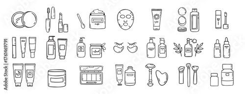 make up beauty doodle hand drawn icon set. Outline drawing cosmetics line clipart symbol