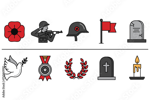 Collection of remembrance day icons isolated on white background honoring veterans and fallen soldiers with symbols of peace, respect, and gratitude for their service vector illustration