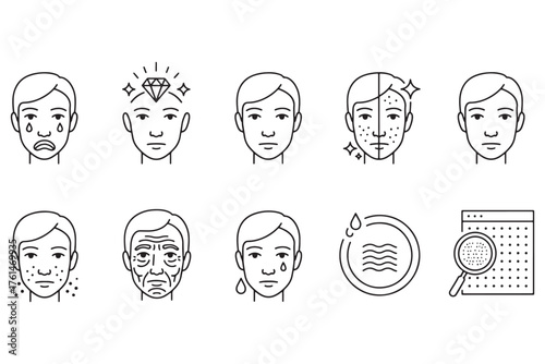 Collection of skincare and dermatology icons isolated on white background representing various skin conditions, treatments, and beauty routines for healthy skin vector illustration