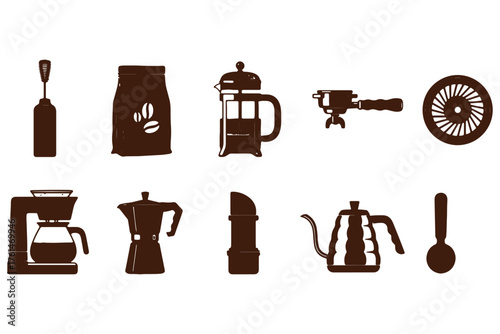 Collection of coffee brewing equipment isolated on white background showcasing various methods and tools for making coffee, including a french press and espresso maker vector illustration