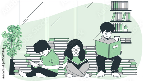 Three people reading books in a library with stacks of books Keywords: reading, books, library, learning, education, knowledge, study, people, children, young adults, illustration, drawing