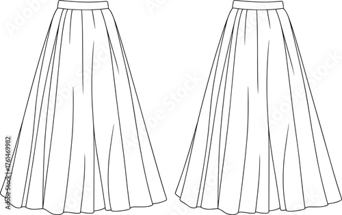 Cad drawing flat vector illustration, technical fashion sketch, pleated skirt design, garment construction, apparel template, flowing silhouette, waistband detail