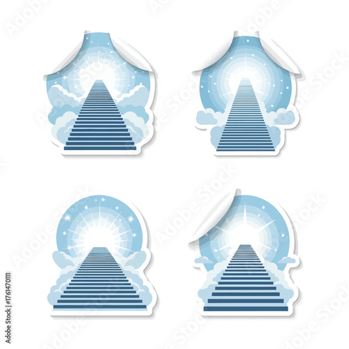 Four sticker-like illustrations of stairways leading upwards into a bright, celestial light surrounded by clouds.
