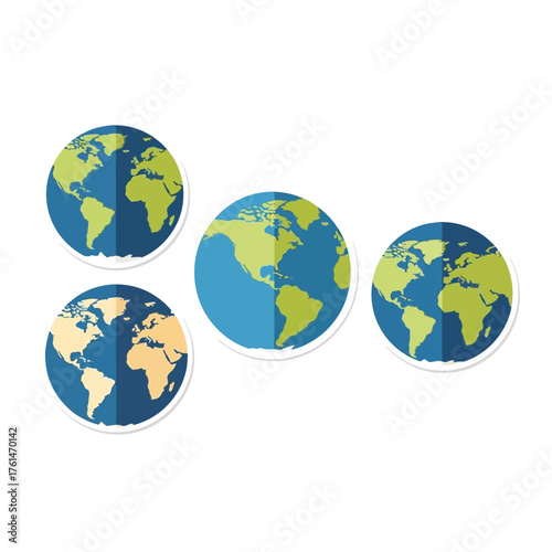 Four flat design globe icons showing different continental views, including North America and Asia, set against a white background.