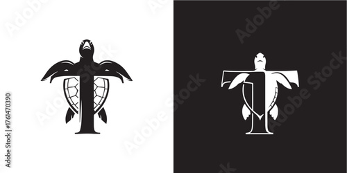 Graphic Sea Turtle and Initial T Monochromatic Logo Icon Design