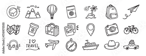 travel doodle hand drawn icon set. Outline drawing travel tourism line clipart symbols