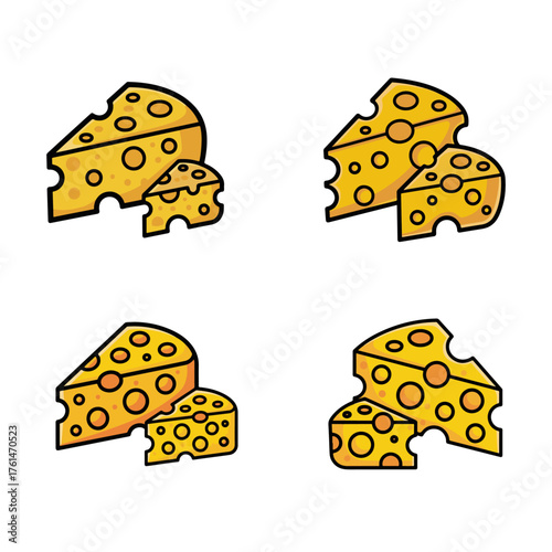 Vibrant cartoon cheese illustrations, showcasing delicious dairy product wedges with iconic holes. Perfect for food-themed designs, culinary menus, snack packaging, and ingredient graphics