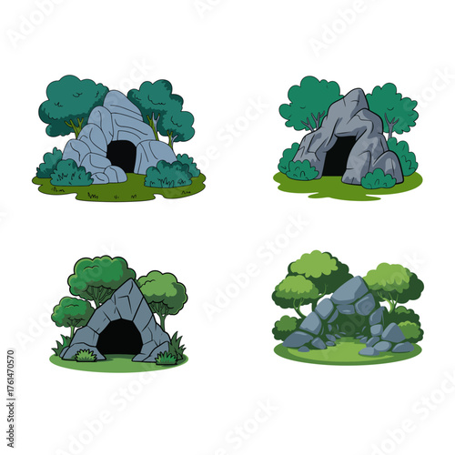 A beautifully illustrated collection of four different cartoon cave entrances nestled in a lush green landscape with rocks and trees, a conceptual set for fantasy or prehistoric settings