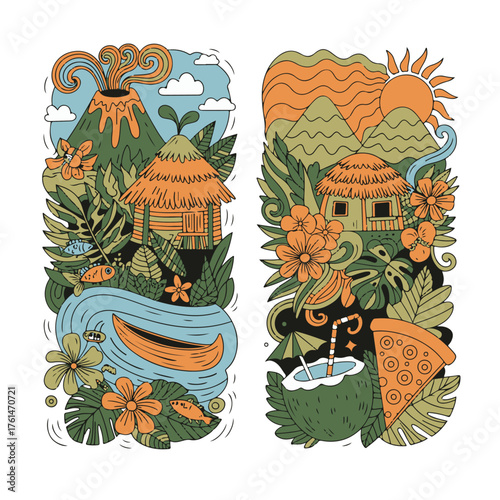 A vibrant set of hand-drawn doodle illustrations depicting a tropical island vacation with volcanoes, exotic plants, and summer elements
