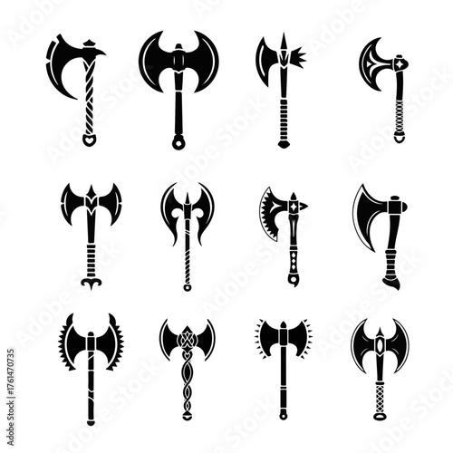 Collection of stylized medieval and fantasy battle axes, showcasing intricate designs and sharp blades ideal for historical reenactment or gaming