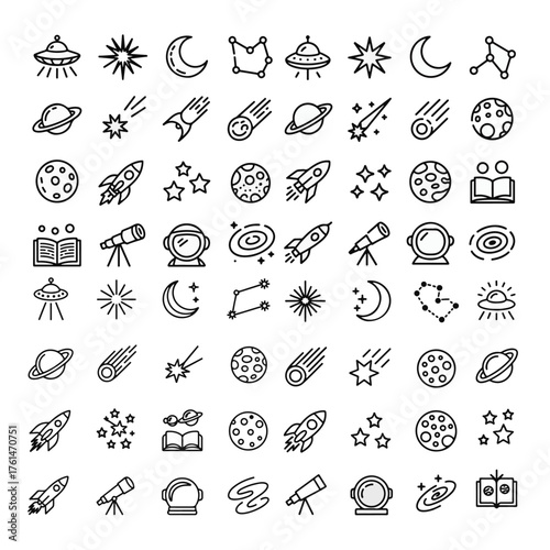 A comprehensive collection of space and astronomy icons, featuring planets, rockets, stars, constellations, astronauts, and telescopes for creative projects
