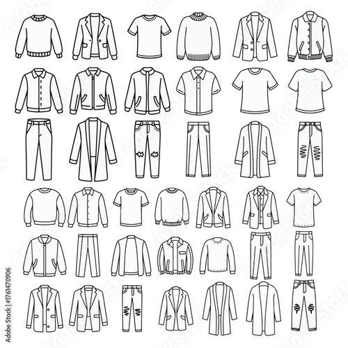 Comprehensive collection of men's and women's clothing line icons featuring sweaters, jackets, shirts, and trousers for fashion and apparel design projects