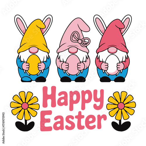 Easter Gnomes Clipart Trio of Whimsical Gnomes with Eggs and Flowers for Holiday Decorations