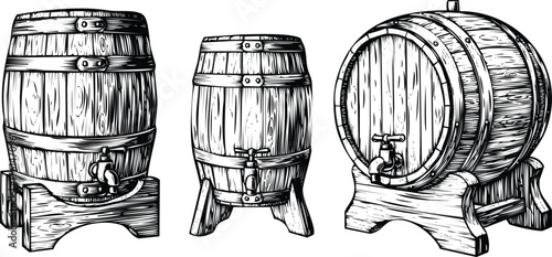 Three wooden barrels vintage sketch collection beverage storage vector Engraving Art Design