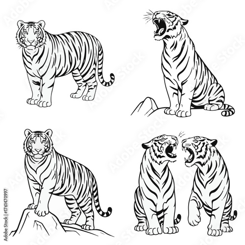 Magnificent Tiger Outlines Versatile Vector Illustration of Wild Cats in Various Poses