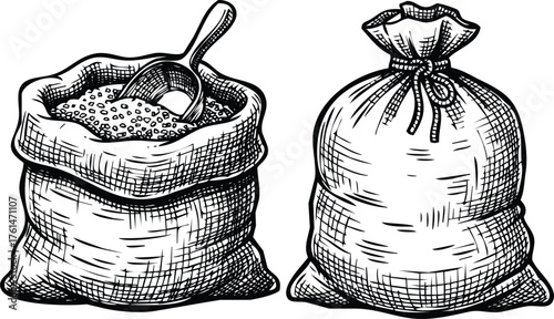 Two burlap sacks one full one tied with rustic drawing style vector Engraving Art Design