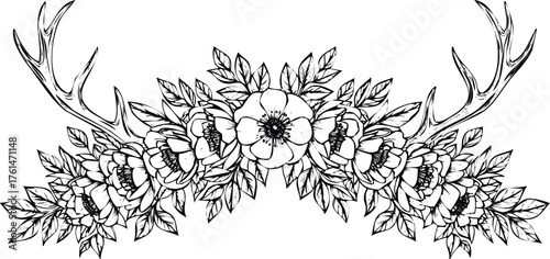 Whimsical deer antlers adorned with delicate floral arrangement vector Engraving Art Design