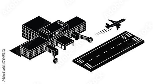 A stylized black and white isometric illustration of an airport terminal