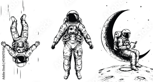 Astronaut poses cosmic journey space exploration adventure vector Engraving Art Design