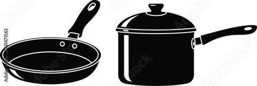 A black silhouette of a frying pan and a pot with a lid on white