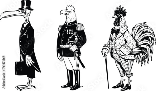 Anthropomorphic animals in formal attire with historical clothing styles vector Engraving Art Design