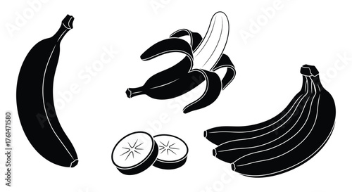 Illustration depicts a partially peeled banana with several whole and sliced bananas