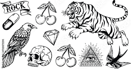 Bold tattoo flash sheet features tiger raven skull cherries and diamond vector Engraving Art Design
