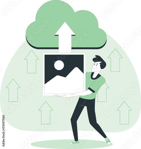 Man uploading a picture to the cloud with arrows indicating upload process Keywords: man, uploading, upload, cloud, storage, data, transfer, digital, technology, internet, online, picture, image