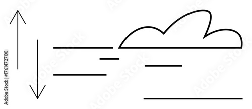 Cloud shape with horizontal lines indicating wind or motion and vertical arrows symbolizing upward and downward changes. Ideal for weather, energy, motion, atmosphere, data flow, physics, simple flat